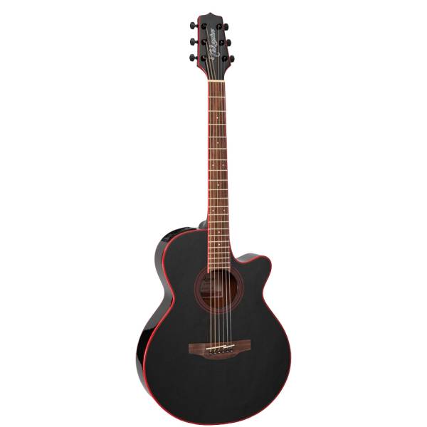Front-angled view of a black Takamine G49 Series FXC acoustic-electric guitar with a glossy cosmic black sparkle finish, cutaway body, and built-in side preamp.