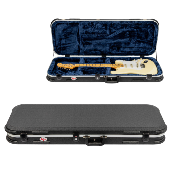 Top view features an open rectangular black hard case revealing a blue plush interior with a physical cream-coloured electric guitar resting inside. Bottom view shows the closed black textured case with an aluminium valance, black latches, and a black handle.