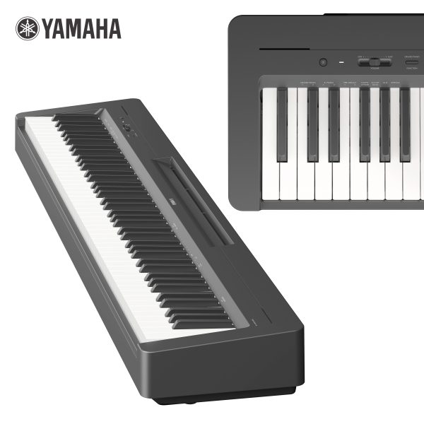 A black Yamaha digital piano, the P-145 model, shown in two views. The main image is an angled, full-length shot highlighting its slim profile, speaker grill, and 88 keys. A smaller inset image shows a close-up of the left-side control panel, featuring the power button, a volume slider, a 'Grand Piano/Function' button, and printed labels above the keys for selecting different instrument voices like E. Piano, Pipe Organ, and Strings.