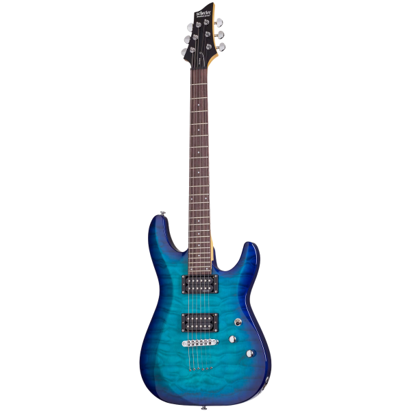 Schecter C-6 Plus electric guitar featuring an Ocean Blue Burst finish over a quilted maple image top.