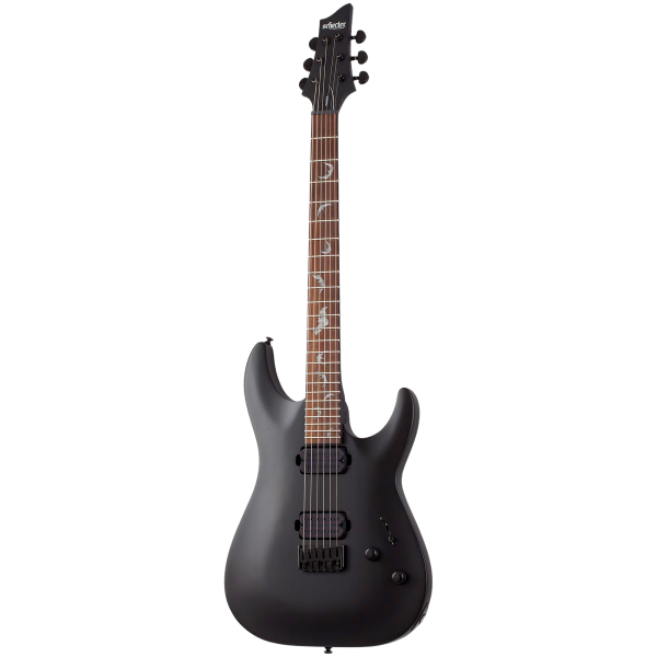 Schecter Damien-6 electric guitar in Satin Black with bat fretboard inlays.