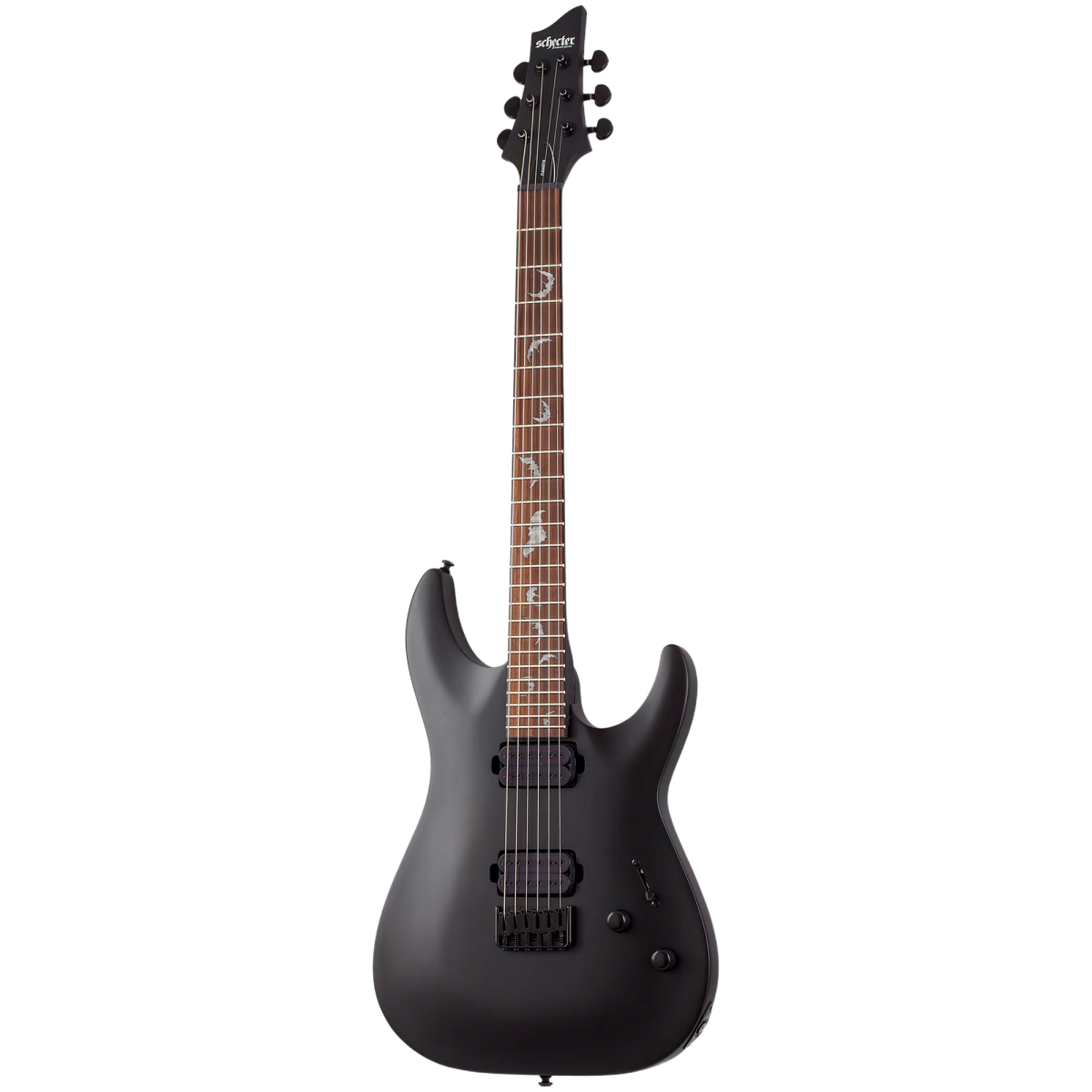 Schecter Damien-6 electric guitar in Satin Black with bat fretboard inlays.