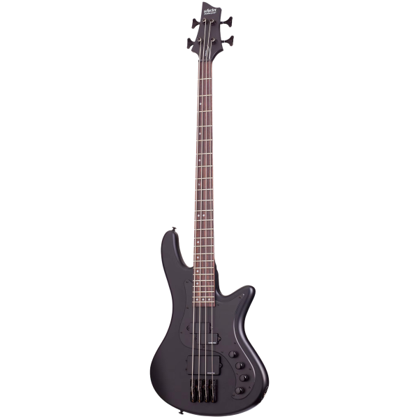 Schecter Stiletto Stealth-4 electric bass guitar in Satin Black with matching black hardware.