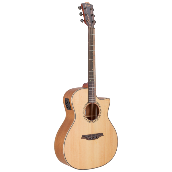 A clear view of the Bromo Tahoma Series BAT2CE grand auditorium electric acoustic guitar. The instrument prominently features a light natural solid spruce top with a crisp wood grain finish, a modern single lower-bout cutaway, dark binding along the edges, and a matching dark bridge and fretboard.