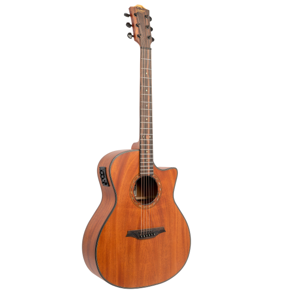Visual depiction of the file BAT2MCE - right.jpg, showing a slightly angled view of a Bromo Guitars Tahoma Series acoustic-electric guitar against a solid white background. The guitar features a natural mahogany wood grain finish, a Venetian cutaway, a dark Amara ebony fretboard with dot inlays, a side-mounted preamp control panel on the upper bout, and black tuning machines on a uniquely shaped headstock.