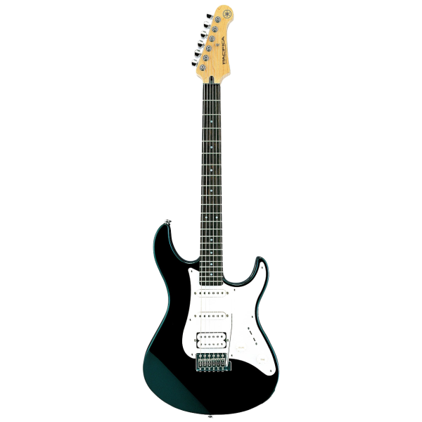 Yamaha Pacifica PAC112J electric guitar in deep black. The full-view image shows the guitar with its black body, cream-white pickguard, humbucker and dual single-coil pickup configuration (HSS), a dark fingerboard, and a natural wood headstock with the Yamaha Pacifica logo