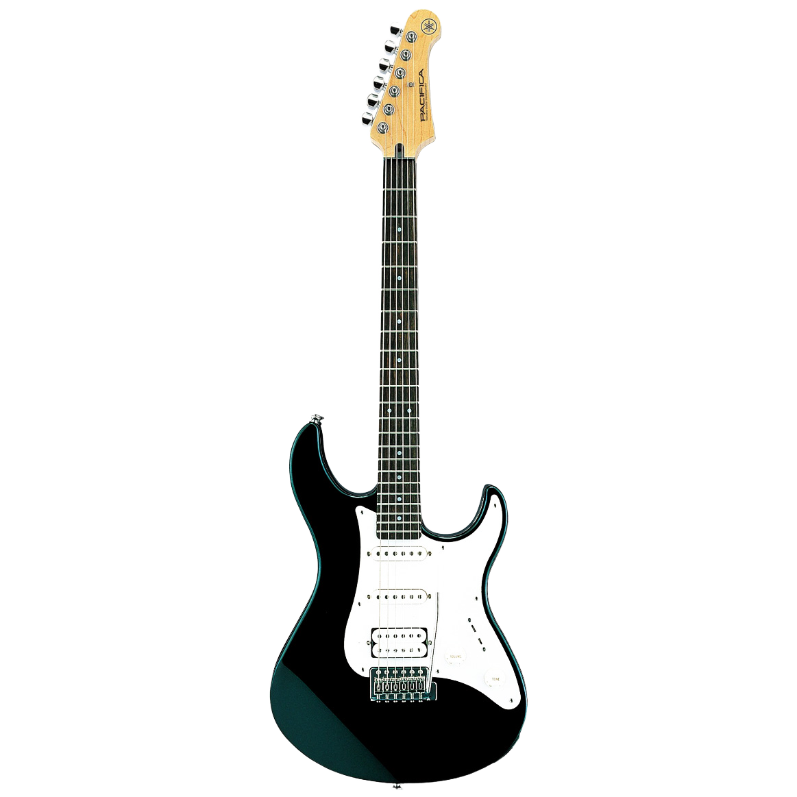 Yamaha Pacifica PAC112J electric guitar in deep black. The full-view image shows the guitar with its black body, cream-white pickguard, humbucker and dual single-coil pickup configuration (HSS), a dark fingerboard, and a natural wood headstock with the Yamaha Pacifica logo