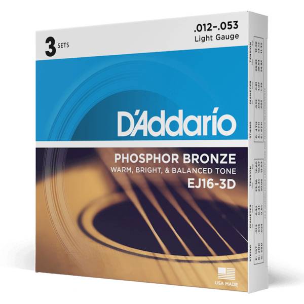 D'ADDARIO EJ16 3D 12-53 LIGHT ACOUSTIC GUITAR STRINGS 3-PACK