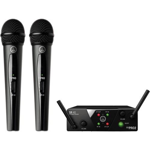 Two AKG HT40 Mini handheld wireless microphones positioned next to an AKG SR40 Mini Dual stationary receiver featuring two antennas and front-panel volume controls.