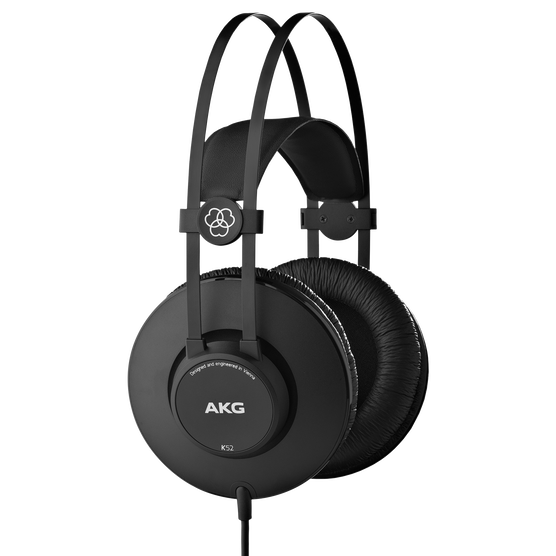 Side angle view of the AKG K52 closed-back over-ear studio headphones in a standard white finish.