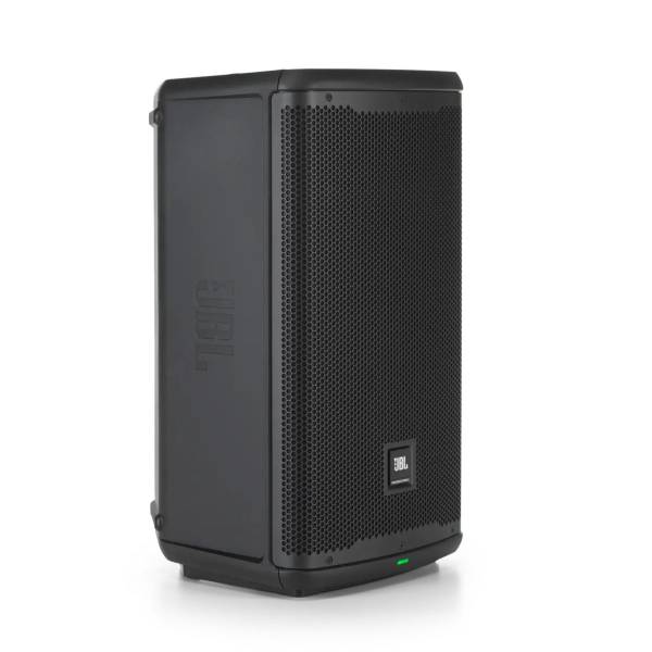 Angled front view of the compact JBL EON710 10-inch 1300W powered PA speaker