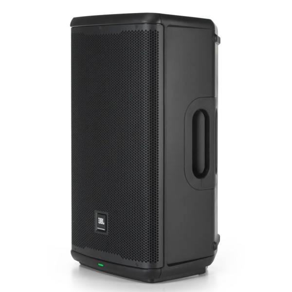 Angled front view of the JBL EON712 12-inch 1300W powered PA speaker showing its side carrying handle.