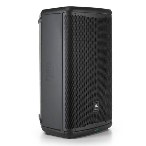 Front angled view of the JBL EON715 15-inch 1300W powered PA speaker with Bluetooth.