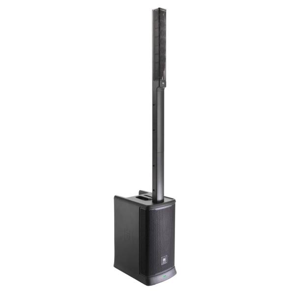 The JBL EON ONE MK2 all-in-one battery-powered column PA system showing the base subwoofer and extended speaker array