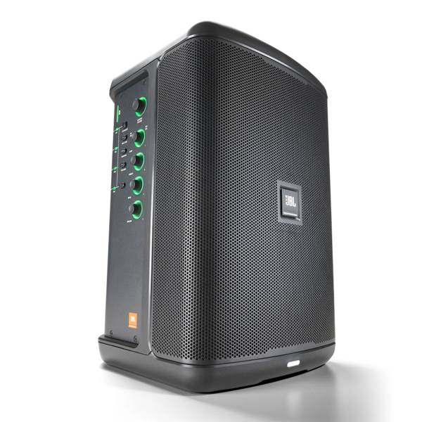 The JBL EON ONE Compact all-in-one rechargeable personal PA system showing its front grille and side control panel.