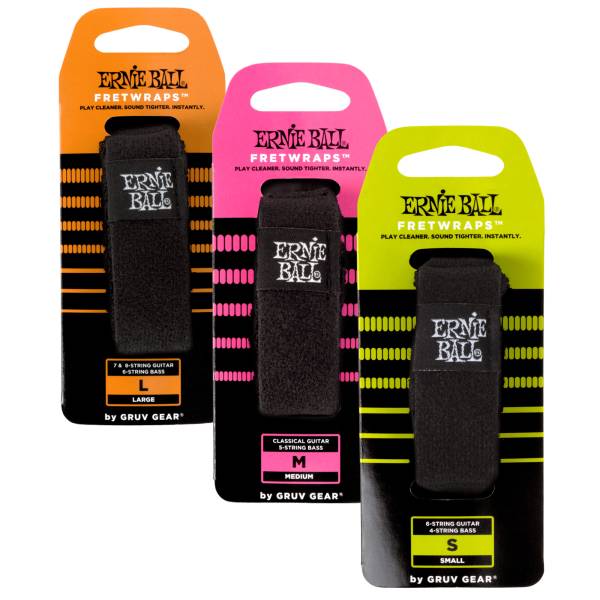 Group shot of three Ernie Ball FretWraps by Gruv Gear in small, medium, and large sizes for muting guitar and bass strings