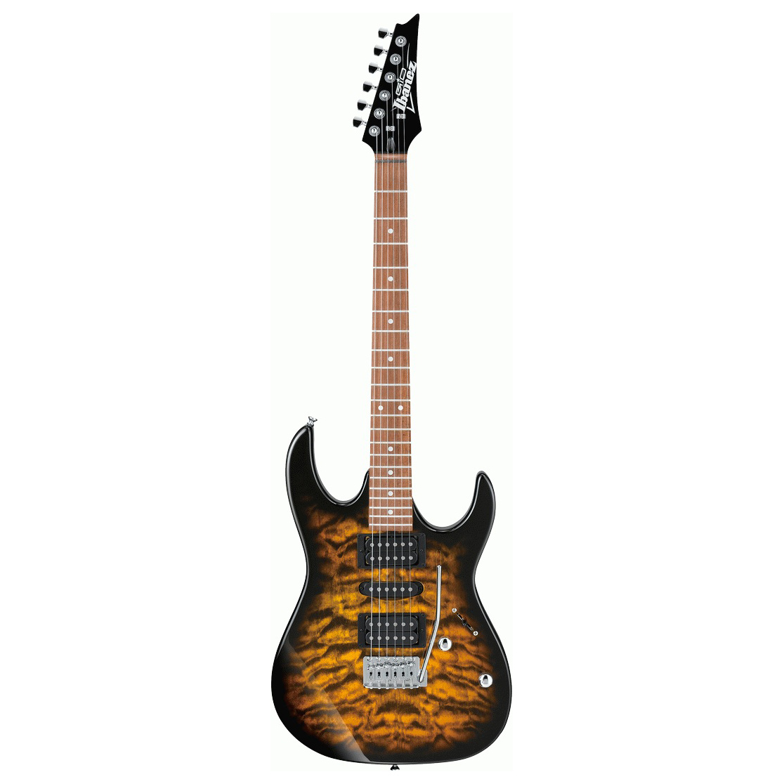 Ibanez RX70QA SB electric guitar displaying a quilted maple art grain top in Transparent Sunburst and versatile pickup array.