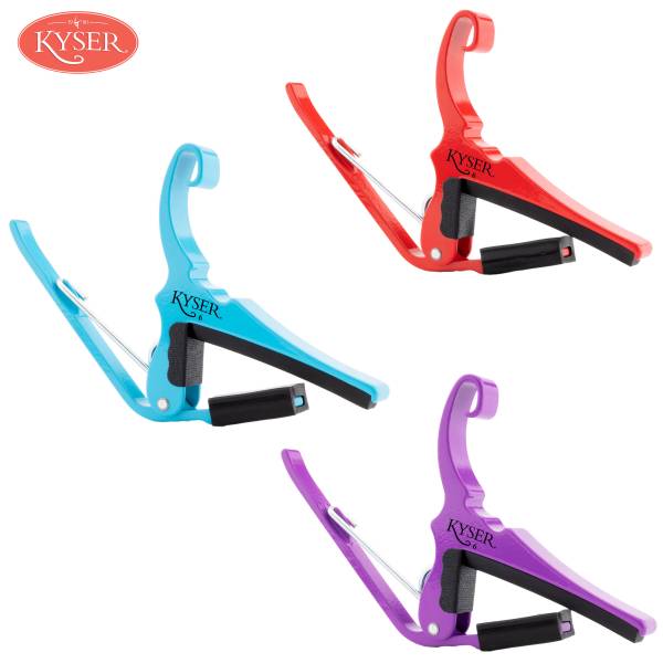 A trio of Kyser Colour Wave Collection Quick-Change capos for 6-string acoustic guitars, featuring the vibrant Lipstick Red, Mr. Blue Sky, and Purple Rain finishes.