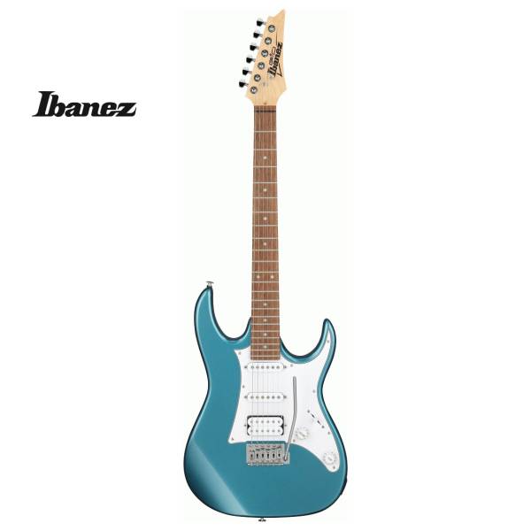 A full-body view of an Ibanez RX40 MLB (Metallic Light Blue) electric solid body guitar against a white background, featuring a white pickguard, HSS (Humbucker-Single Coil-Single Coil) pickup configuration, chrome hardware, a maple neck, and a natural headstock with black tuning keys