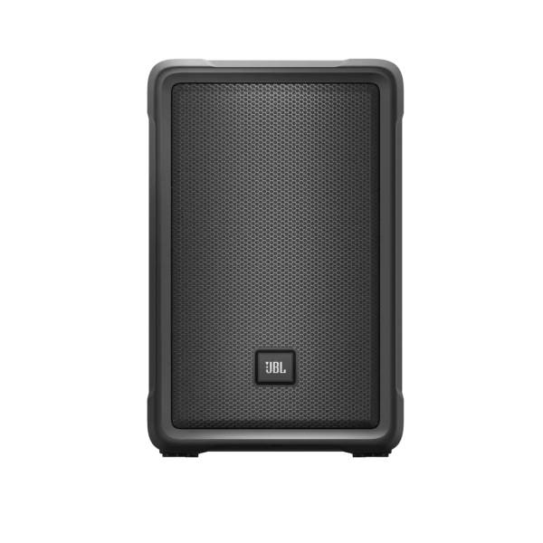 Front view of the JBL IRX108BT 8-inch compact powered PA speaker with a sleek black finish.