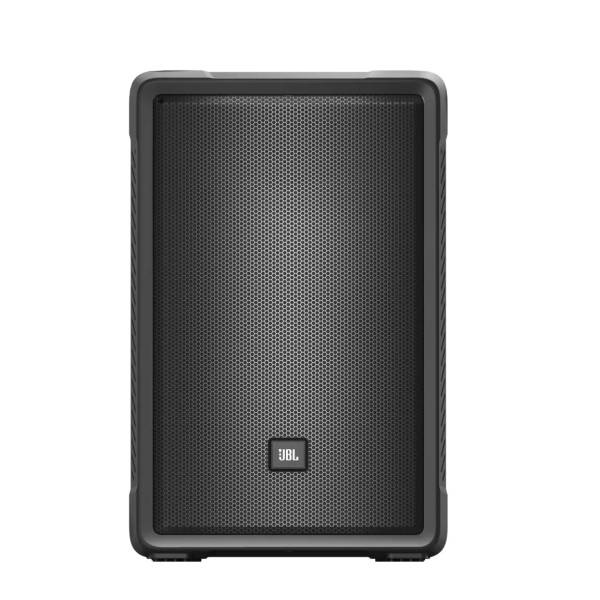 Front view of the JBL IRX112BT 12-inch portable powered PA speaker with a black metal grille.