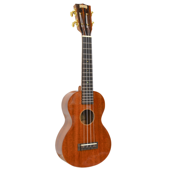 A gloss brown Mahalo concert ukulele showing the front body, soundhole, strings, and gold-coloured tuning pegs on the headstock.