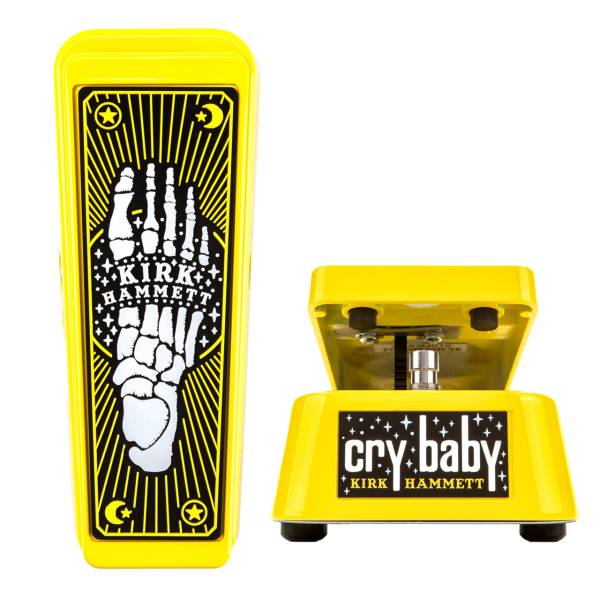 A side-by-side studio shot showing the top down view and the front heel view of the bright yellow Dunlop KH95Y Kirk Hammett Cry Baby Wah pedal, highlighting the black treadle with a white skeleton foot graphic