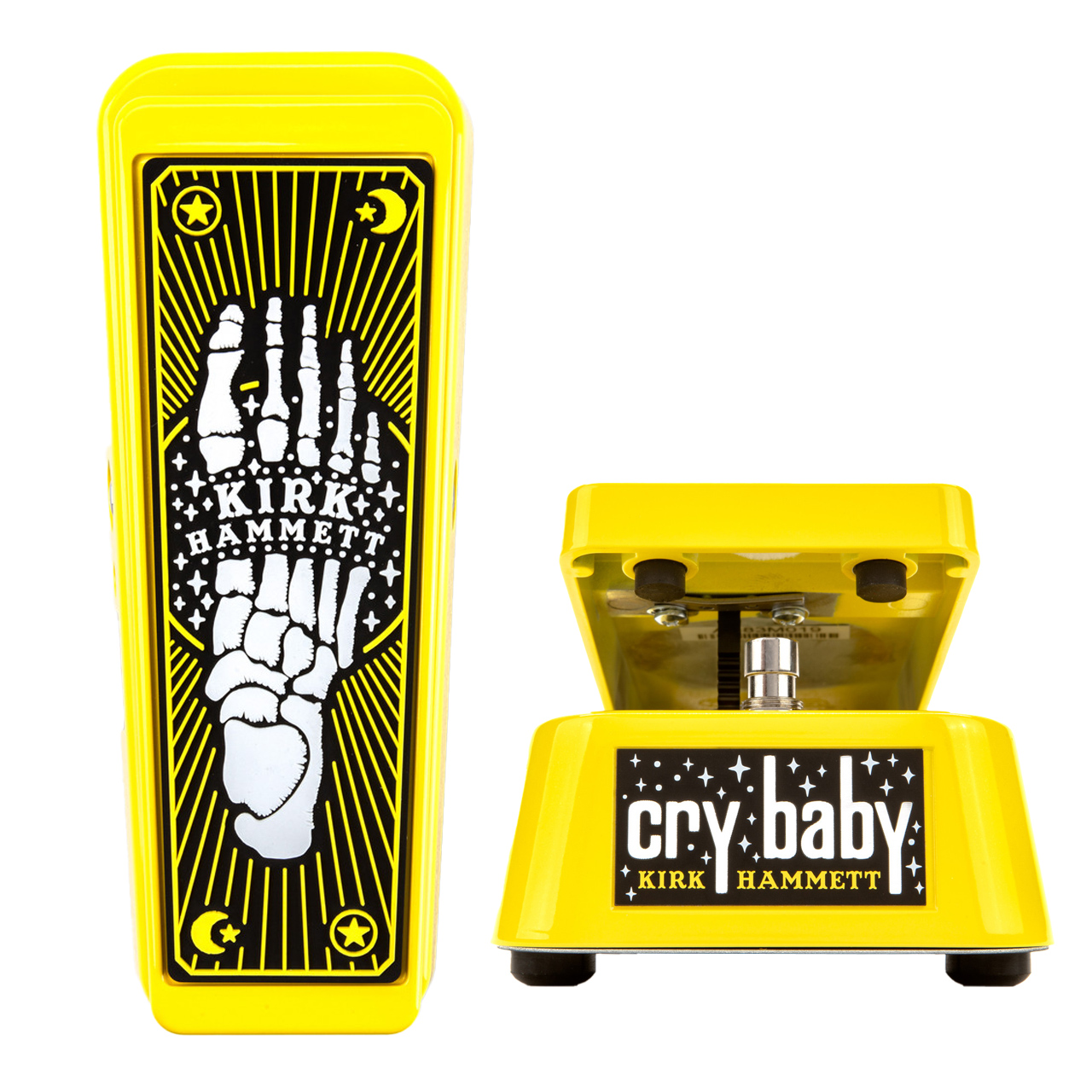 A side-by-side studio shot showing the top down view and the front heel view of the bright yellow Dunlop KH95Y Kirk Hammett Cry Baby Wah pedal, highlighting the black treadle with a white skeleton foot graphic