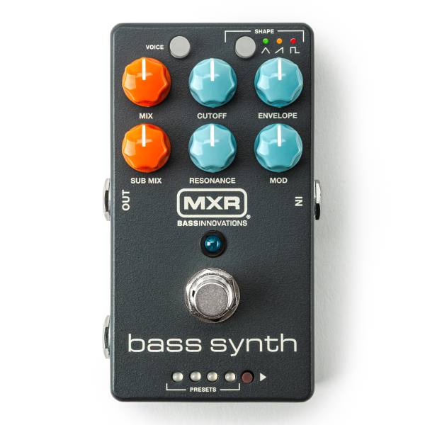 A dark grey MXR Bass Innovations bass synth pedal featuring two orange knobs for mix, four blue knobs for filter and modulation, shape and voice buttons, a footswitch, and a four-slot preset indicator panel.