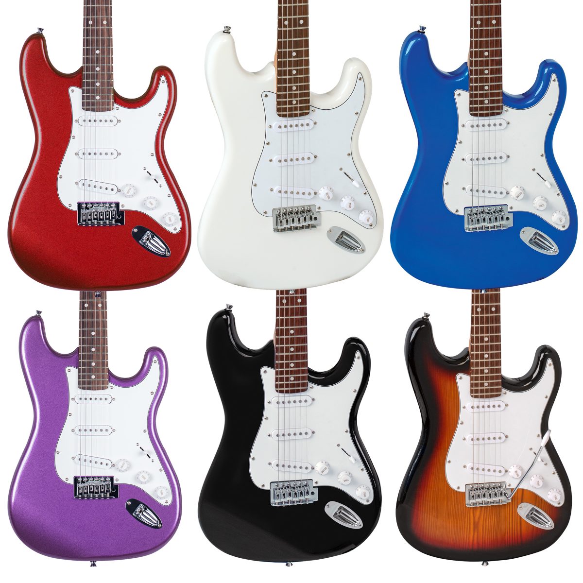 Six full-size SX electric guitars displayed in a row, featuring Black, Candy Apple Red, Blue, Metallic Purple, White, and Tobacco Sunburst finishes.