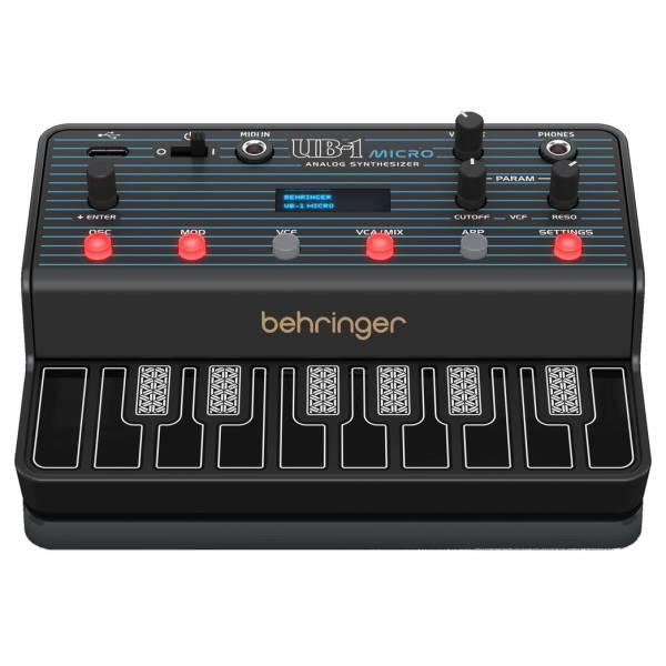 Top-down view of the Behringer UB-1 Micro Analog Synthesizer showing its touch keyboard, control knobs, OLED screen, and connection ports.
