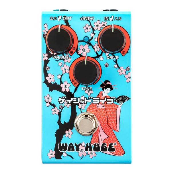 Top-down view of the light blue Way Huge Smalls Geisha Drive guitar pedal featuring cherry blossom branches, a geisha holding a fan, and three black control knobs for Volume, Tone, and Drive.