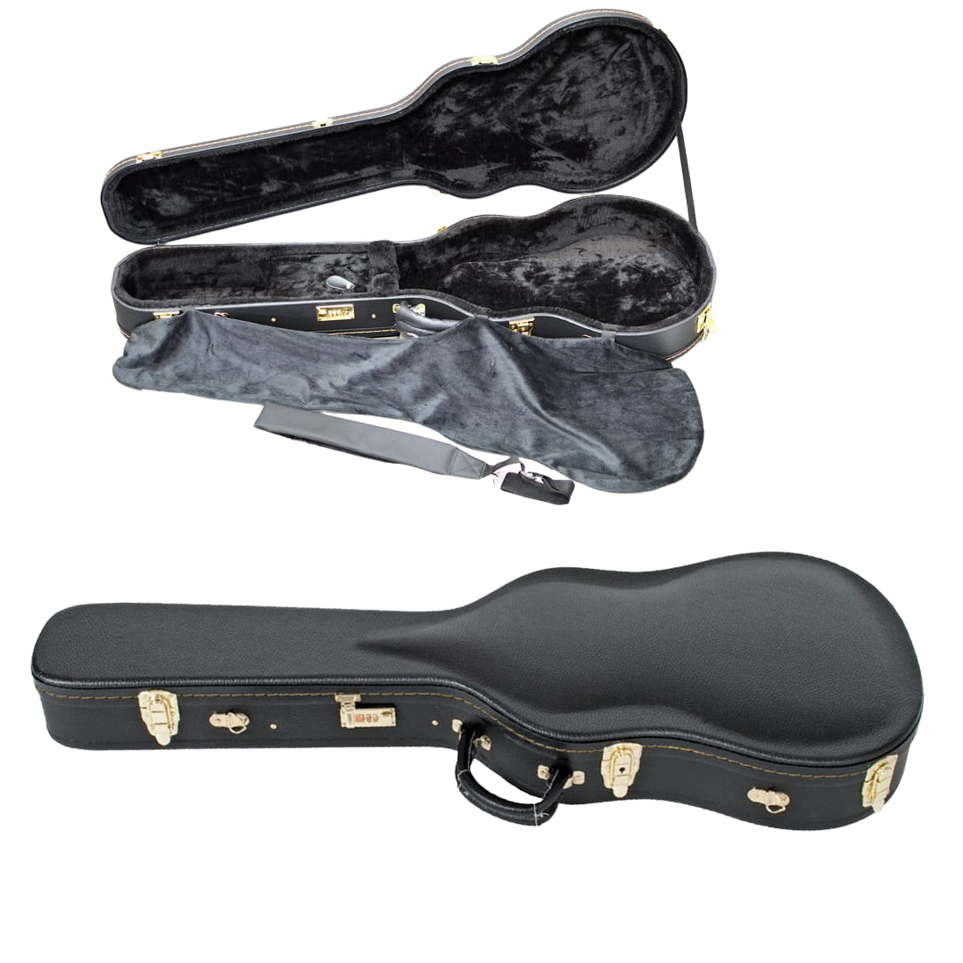 Composite image of a black shaped guitar case displaying a closed view and an inset open view where a soft black fabric interior cover rests over the plush lining.