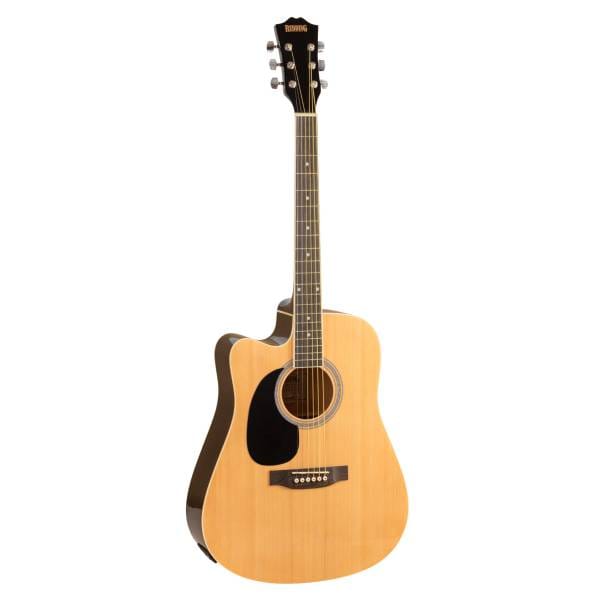 Natural finish left-handed Redding acoustic electric guitar with dreadnought cutaway body, black teardrop pickguard, chrome tuners and six steel strings on a white background.