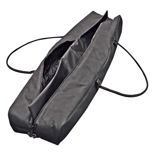 A long, black rectangular nylon carrying bag lying horizontally against a black background. The bag features two thin black strap handles extending from the sides and a full-length zipper that is partially open, revealing a dark inner lining.