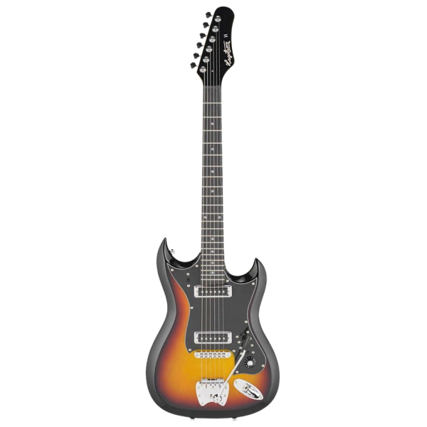 An asymmetrical double-cutaway solid body electric guitar in a 3-tone sunburst finish, featuring two pickups, an array of sliding switches on a black pickguard, and a vintage-style tremolo bridge, set .