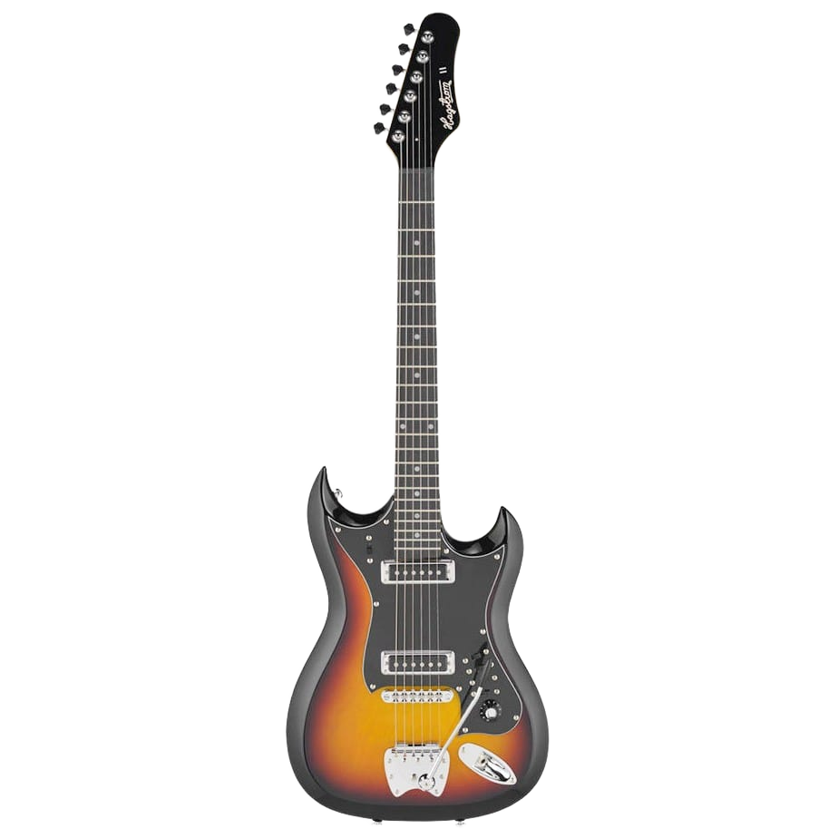 An asymmetrical double-cutaway solid body electric guitar in a 3-tone sunburst finish, featuring two pickups, an array of sliding switches on a black pickguard, and a vintage-style tremolo bridge, set .