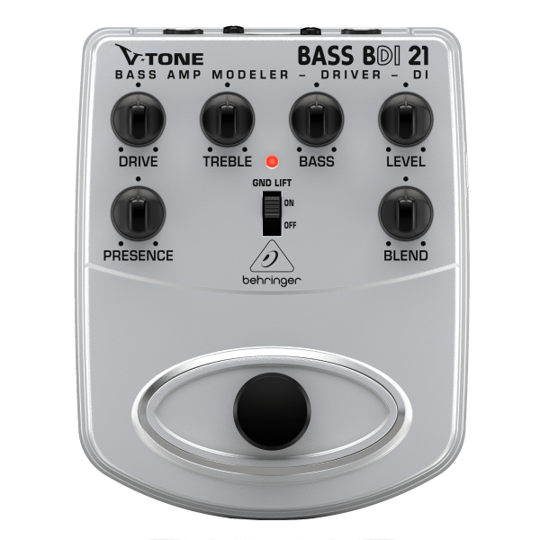 A top-down view of a silver Behringer BASS BDI21 V-Tone Bass Amp Modeler - Driver - DI pedal featuring black rotary knobs for Drive, Treble, Bass, Level, Presence, and Blend, a central red LED, a black ground lift switch, and a large black footswitch at the bottom.