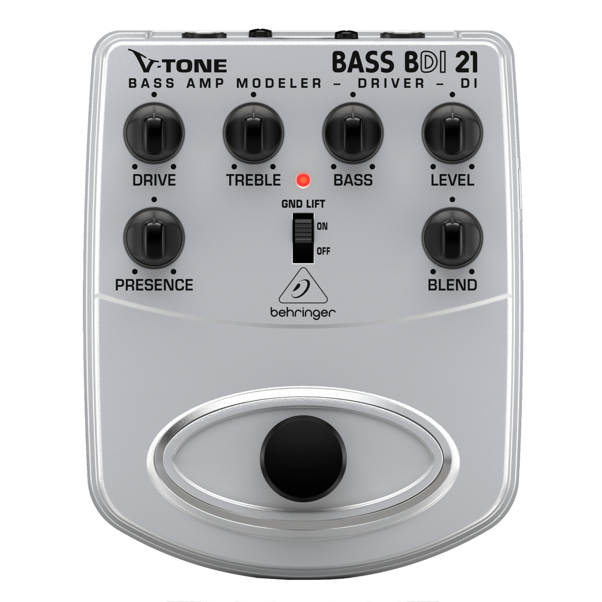 A top-down view of a silver Behringer BASS BDI21 V-Tone Bass Amp Modeler - Driver - DI pedal featuring black rotary knobs for Drive, Treble, Bass, Level, Presence, and Blend, a central red LED, a black ground lift switch, and a large black footswitch at the bottom.
