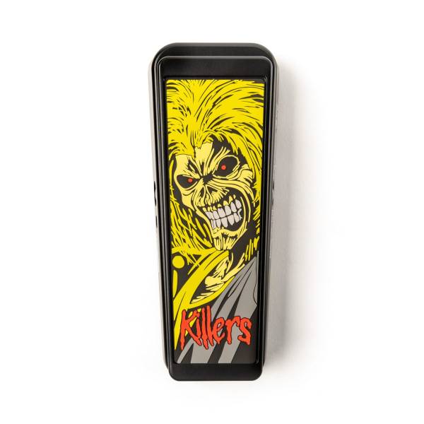 A birds eye view shot highlighting the stomp top view of the IM95K IRON MAIDEN KILLERS LIMITED EDITION CRY BABY WAH PEDAL which features a bright yellow graphic of the infamous iron maiden monster from the album cover of “the killers”