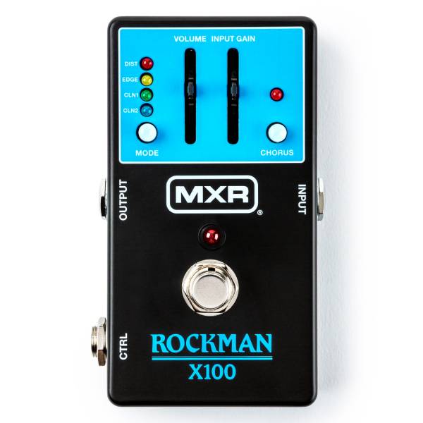 A top-down view of the black MXR Rockman X100 guitar pedal featuring a bright blue control panel with Volume and Input Gain sliders. The left side has a Mode button with four LED indicators for Dist, Edge, Cln1, and Cln2, while the right side has a Chorus button and LED. The MXR logo and Rockman X100 branding are clearly printed on the faceplate above and below the main silver footswitch.