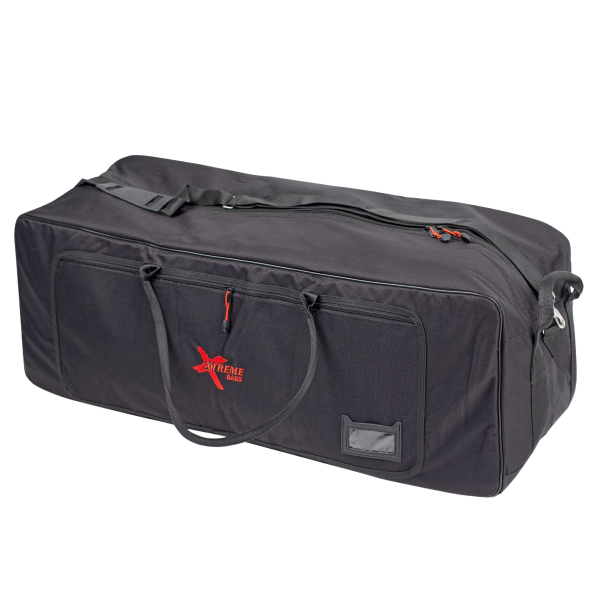 Black rectangular hardware bag with carrying straps, a zippered front pocket, a clear tag window, and a red Xtreme Bags logo.