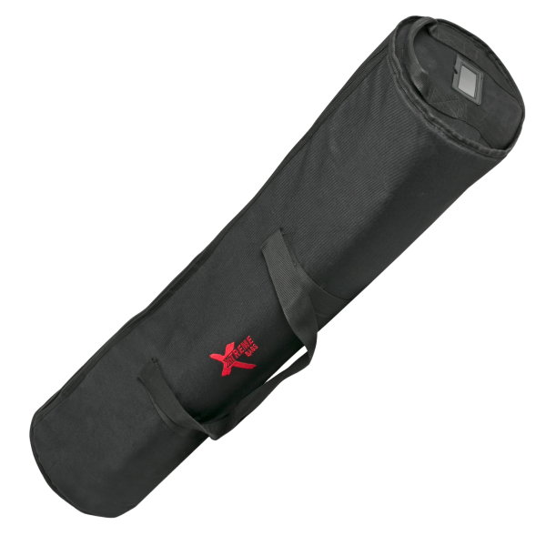 Cylindrical black hardware bag with side carrying handles, a clear tag window on the top end, and a red Xtreme Bags logo.