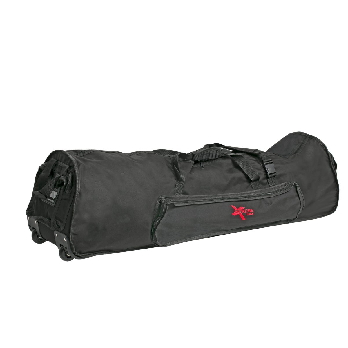 Extra-long black hardware bag equipped with end wheels, top carrying handles, a zippered side pocket, and a red Xtreme Bags logo.