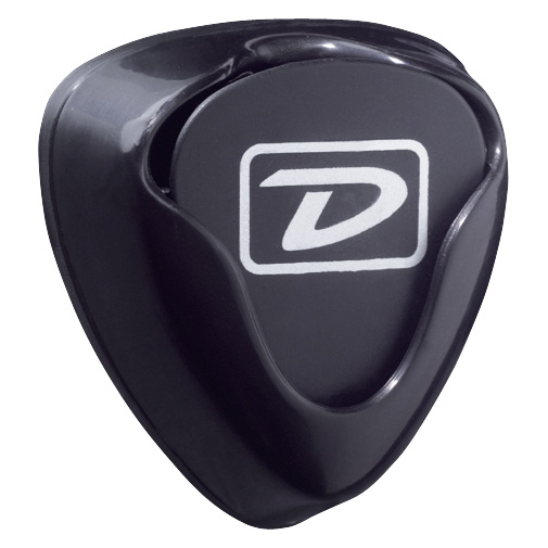 A black, triangular Jim Dunlop J5006 Ergo Pick Holder gripping a single black guitar pick with a white D logo.