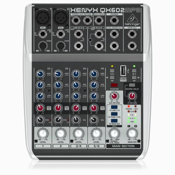 Front view of a Behringer XENYX QX602MP3 compact 6-input analog audio mixer featuring two XLR microphone inputs, stereo line channels, built-in USB MP3 player, 3-band EQ controls, integrated effects section and master output controls.