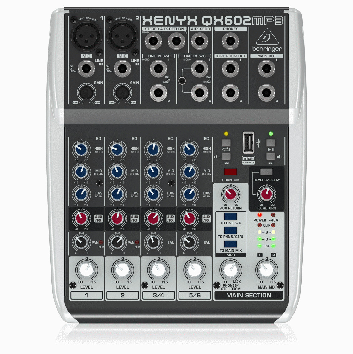 Front view of a Behringer XENYX QX602MP3 compact 6-input analog audio mixer featuring two XLR microphone inputs, stereo line channels, built-in USB MP3 player, 3-band EQ controls, integrated effects section and master output controls.