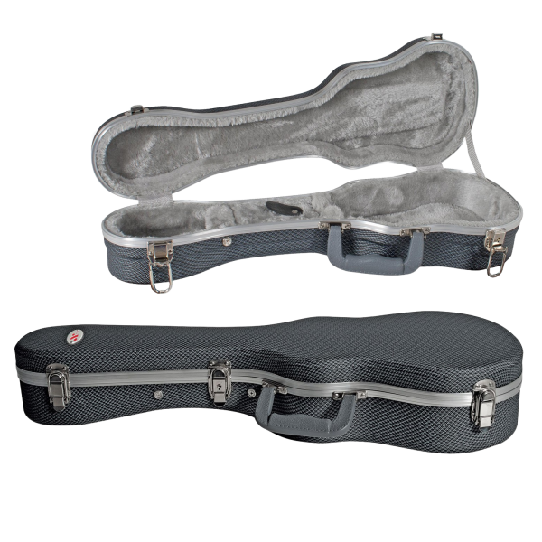Open ukulele case with grey textured exterior and light grey plush interior, positioned above a closed matching case with silver latches and a grey handle.