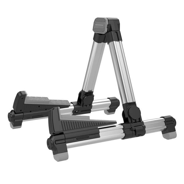 Aroma AGS08 A-frame guitar stand constructed from silver aluminium alloy with black protective padding on the adjustable support arms, backrest hinge, and base feet.