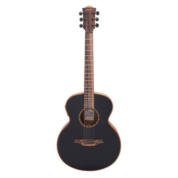 A Bromo Guitars mini jumbo acoustic guitar featuring a black satin top, wooden bridge, dark wood fretboard with dot inlays, and matching headstock.